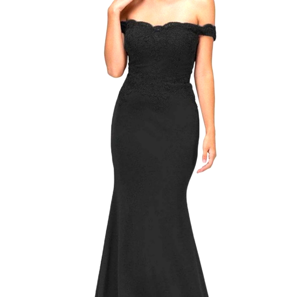 Eureka Fashion Off Shoulder Lace Appliqued Jersey Mermaid Gown Color Black SZ S